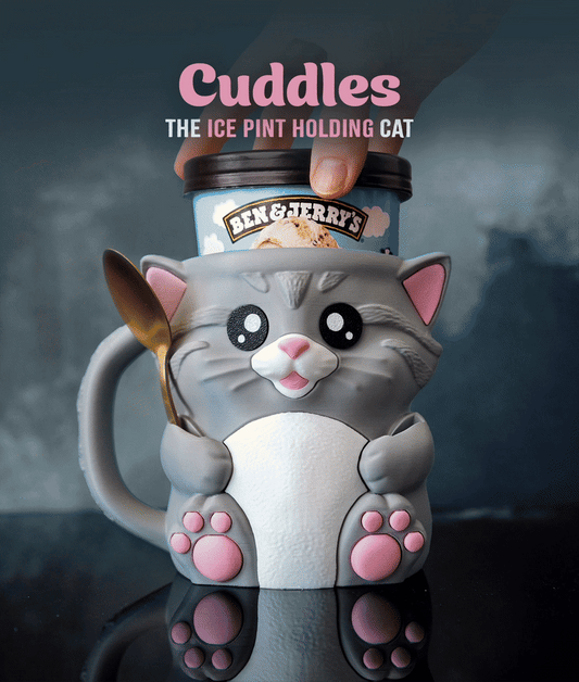 Cat Ice Cream Pint Holder – 3D Printed Cozy with Spoon Slots & Lid Holder | Optional Snack Drawer | Left or Right Handle