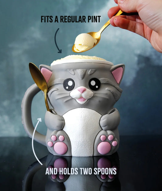 Cat Ice Cream Pint Holder – 3D Printed Cozy with Spoon Slots & Lid Holder | Optional Snack Drawer | Left or Right Handle