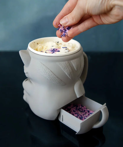 Cat Ice Cream Pint Holder – 3D Printed Cozy with Spoon Slots & Lid Holder | Optional Snack Drawer | Left or Right Handle