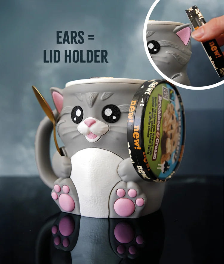 Cat Ice Cream Pint Holder – 3D Printed Cozy with Spoon Slots & Lid Holder | Optional Snack Drawer | Left or Right Handle