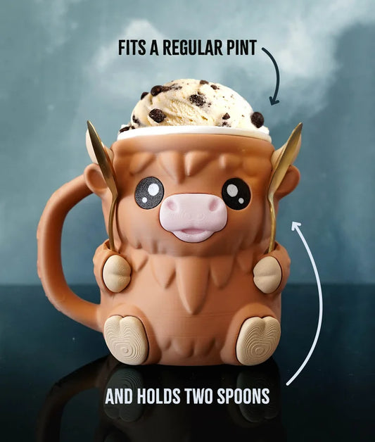 Cow Ice Cream Pint Holder – 3D Printed Cozy with Spoon Slots | Optional Snack Drawer | Highland Cow Design | Left or Right Handle