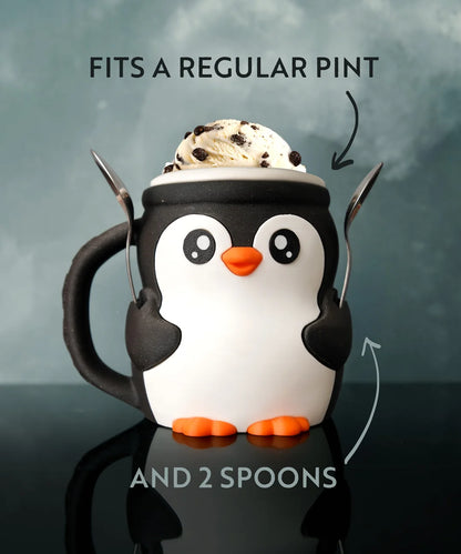 Penguin Ice Cream Pint Holder – 3D Printed Cozy with Spoon Slots | Optional Snack Drawer | Pebbles the Penguin | Left or Right Handle