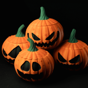 set of 4 jack o’ lantern pumpkins – 3d printed halloween pumpkin decorations | spooky mini pumpkin shelf & table décor