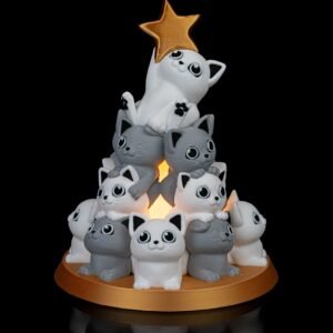 Catmas Tree Table Lamp – 17 cm (6.7 in) 3D Printed Christmas Cat Light with LED Tea Light