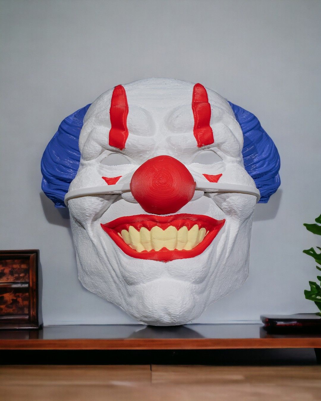evil clown mask – creepy circus horror mask | 3d printed scary clown face | halloween costume prop | red, white & blue clown mask (3 sizes)