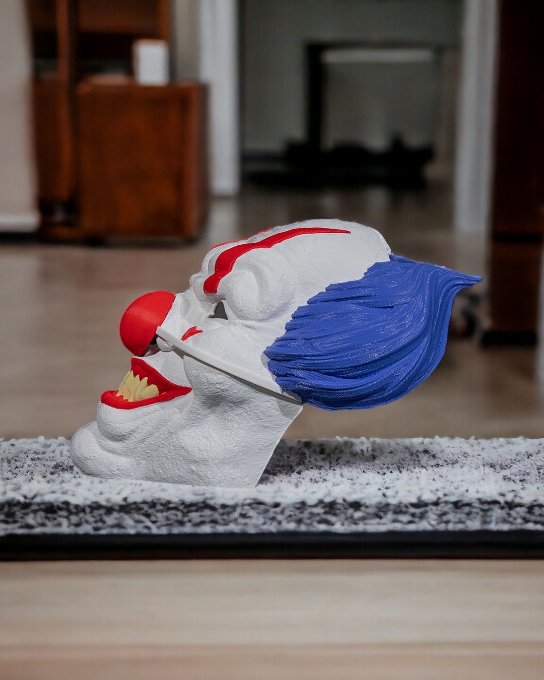 evil clown mask – creepy circus horror mask | 3d printed scary clown face | halloween costume prop | red, white & blue clown mask (3 sizes)