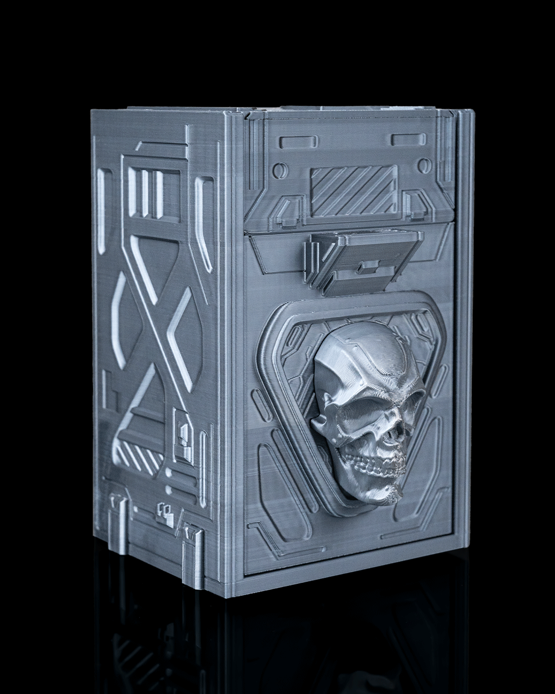 core decay deck box – 3d printed sci fi skull card storage | futuristic tcg box for magic, pokémon, yu gi oh! & collectors
