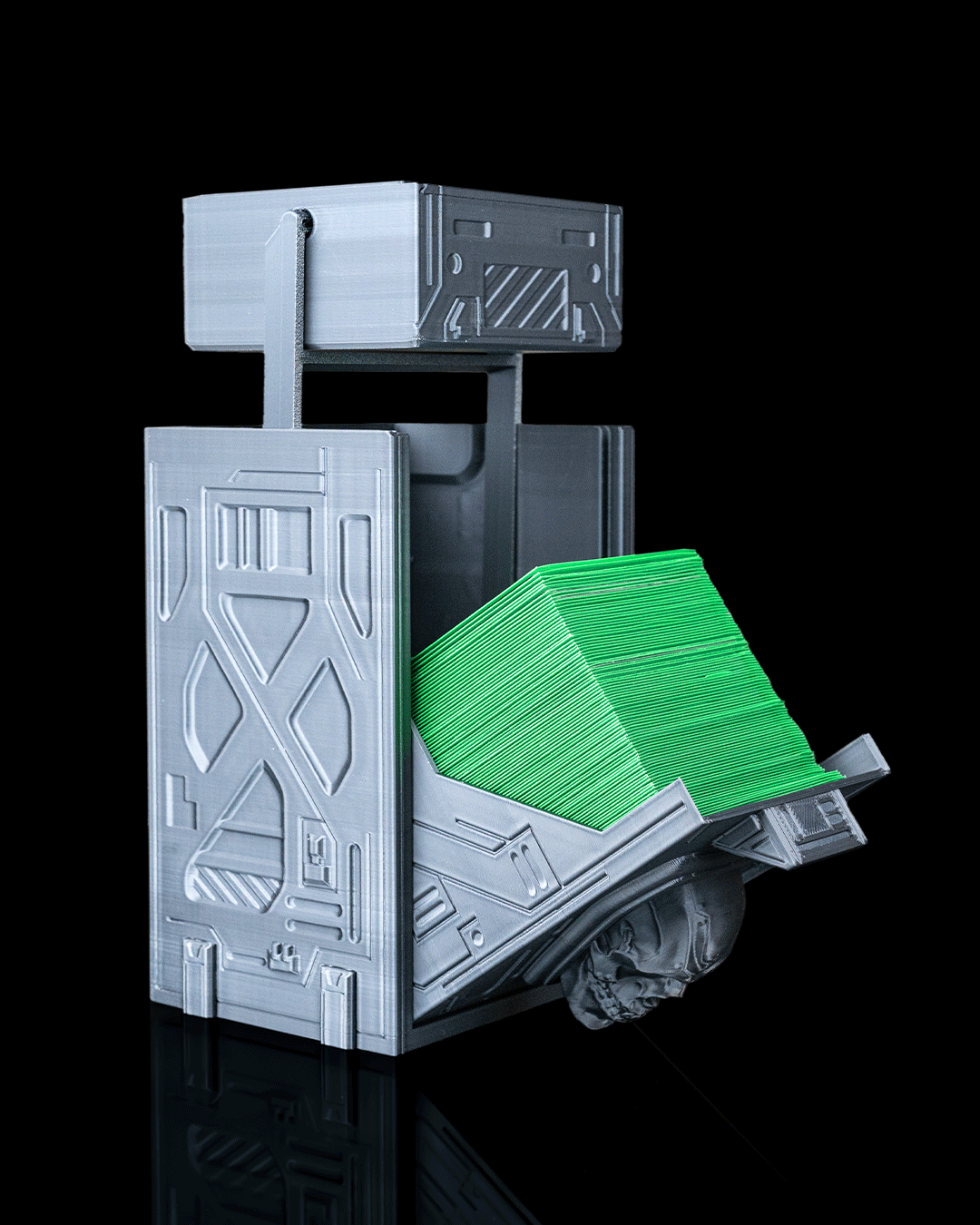 core decay deck box – 3d printed sci fi skull card storage | futuristic tcg box for magic, pokémon, yu gi oh! & collectors