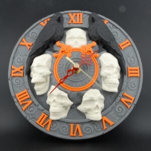 skull wall clock – gothic raven halloween décor | the last hour 3d printed spooky timepiece | dark home accent clock