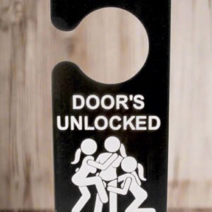 Black door hanger with white text and graphics on a white background