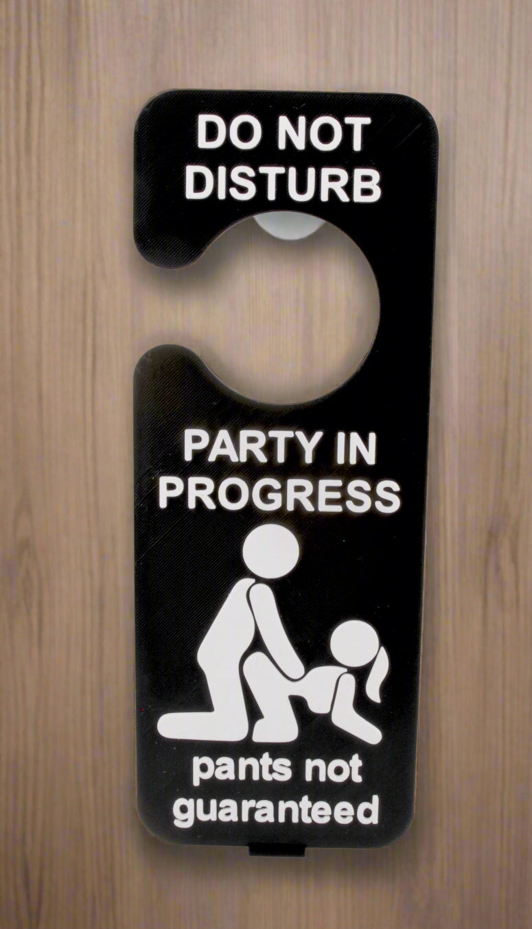 Door hanger with 'Do Not Disturb' and 'Party in Progress' text on a white background