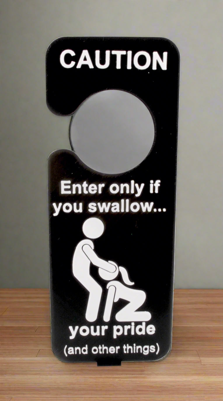 Door hanger with humorous text and graphic on a white background