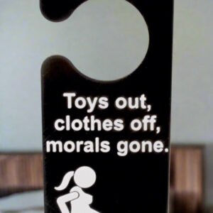 Door hanger with warning text and graphic on a white background