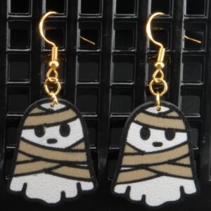 ghost mummy earrings – wrapped mummy ghost jewelry | 3d printed halloween earrings | available in gold or silver hooks | creepy cute accessories