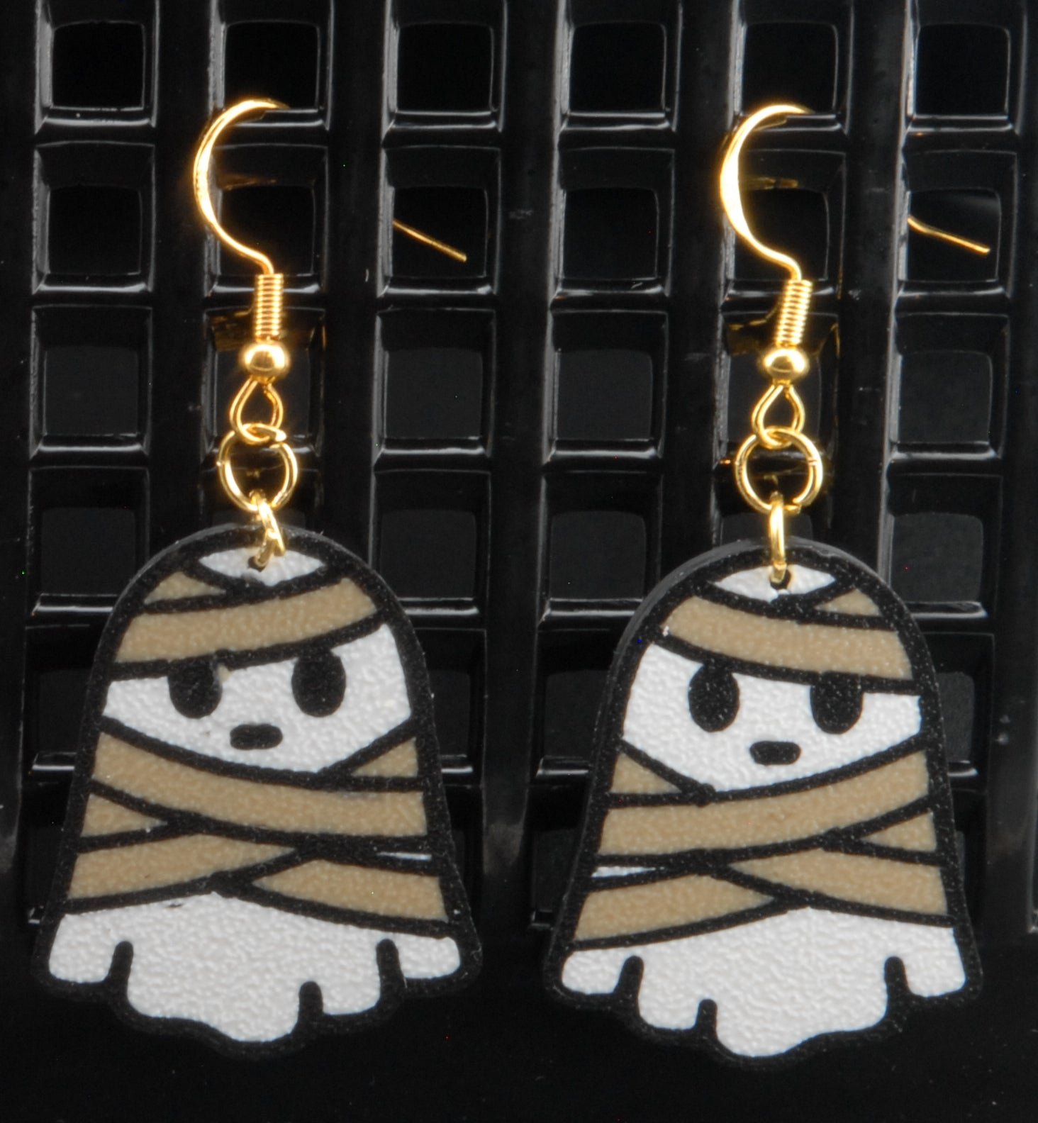ghost mummy earrings – wrapped mummy ghost jewelry | 3d printed halloween earrings | available in gold or silver hooks | creepy cute accessories