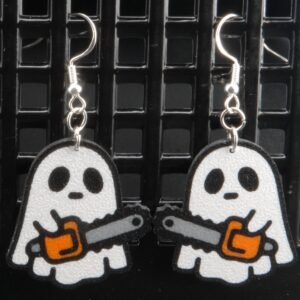 ghost chainsaw earrings – horror ghost jewelry | 3d printed halloween earrings | available in gold or silver hooks | creepy cute accessories