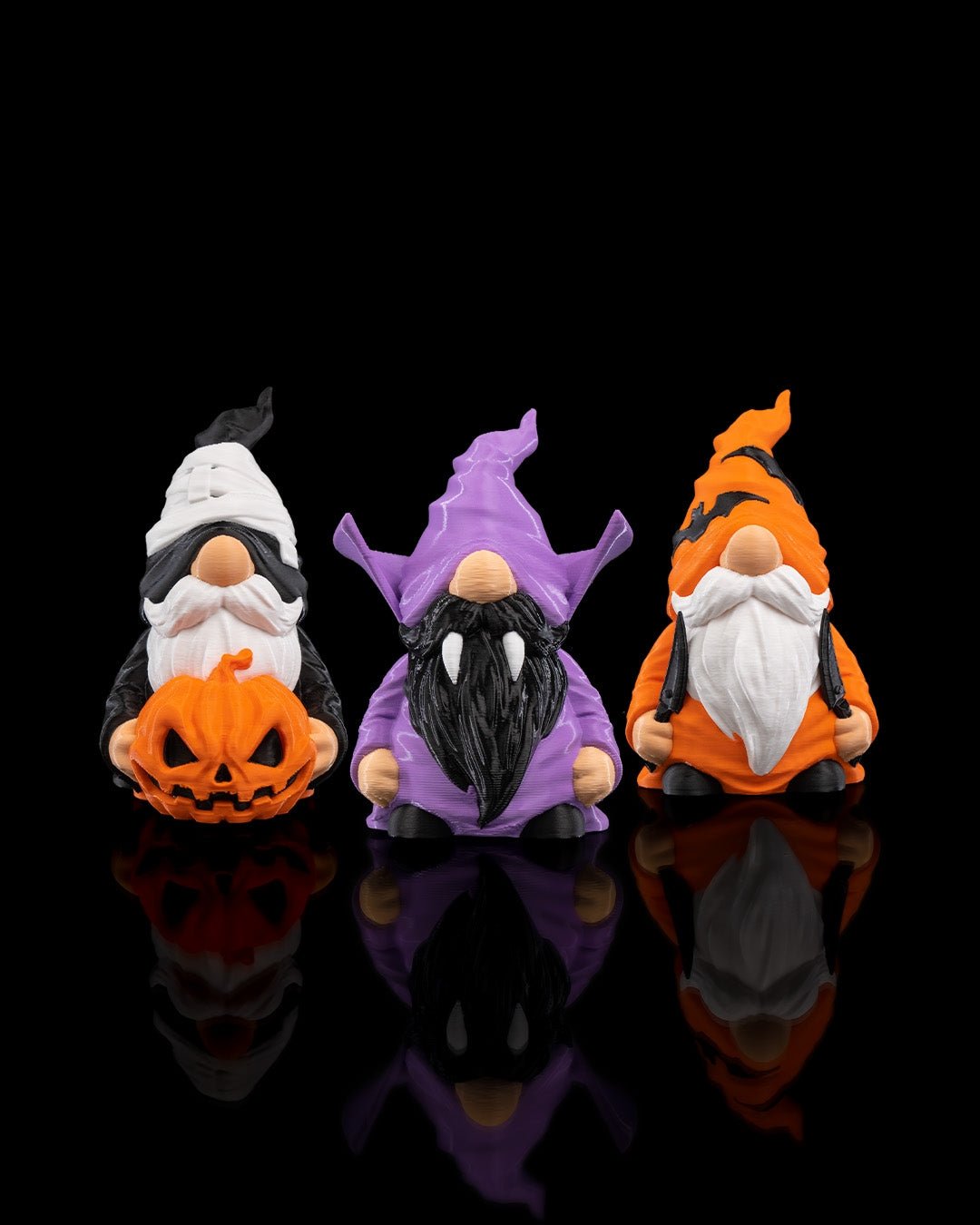 halloween gnome figurines – 3 styles spooky gnome statues | pumpkin, witch & bat gnome set | 3d printed halloween decor (4 inches)
