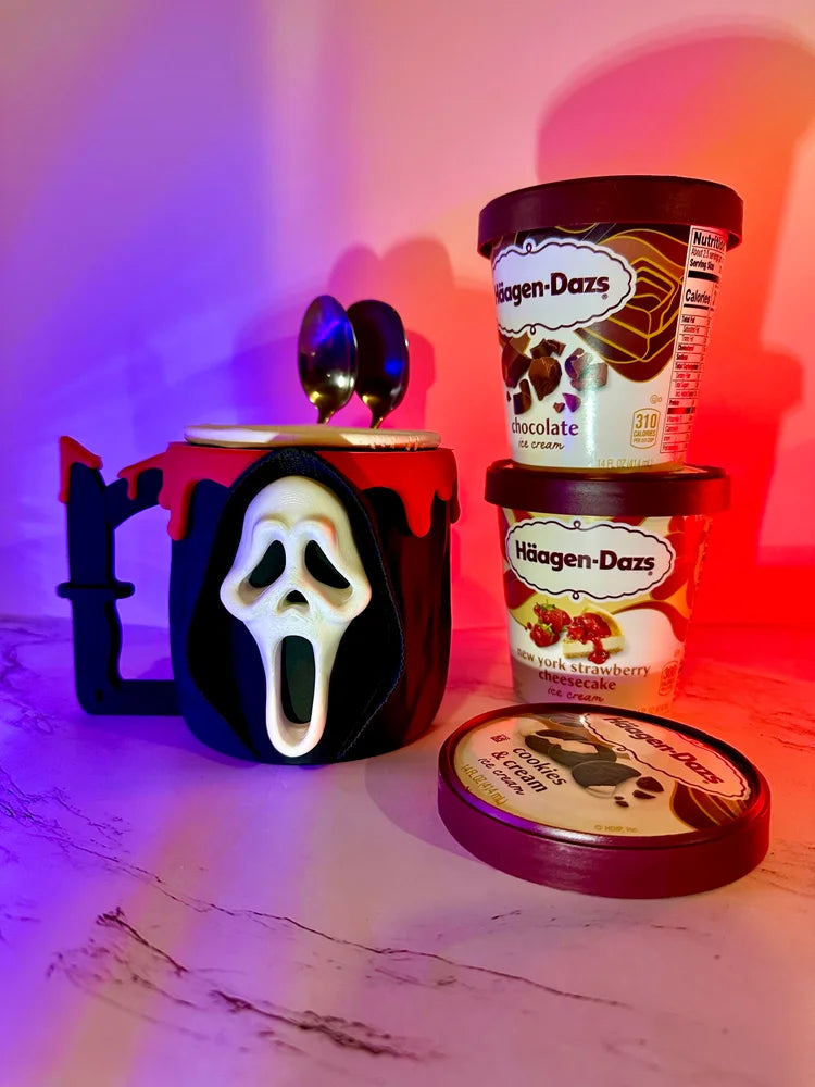 ghost face ice cream pint holder – 3d printed horror movie cozy | scream inspired dessert cup | halloween gift | left or right handle