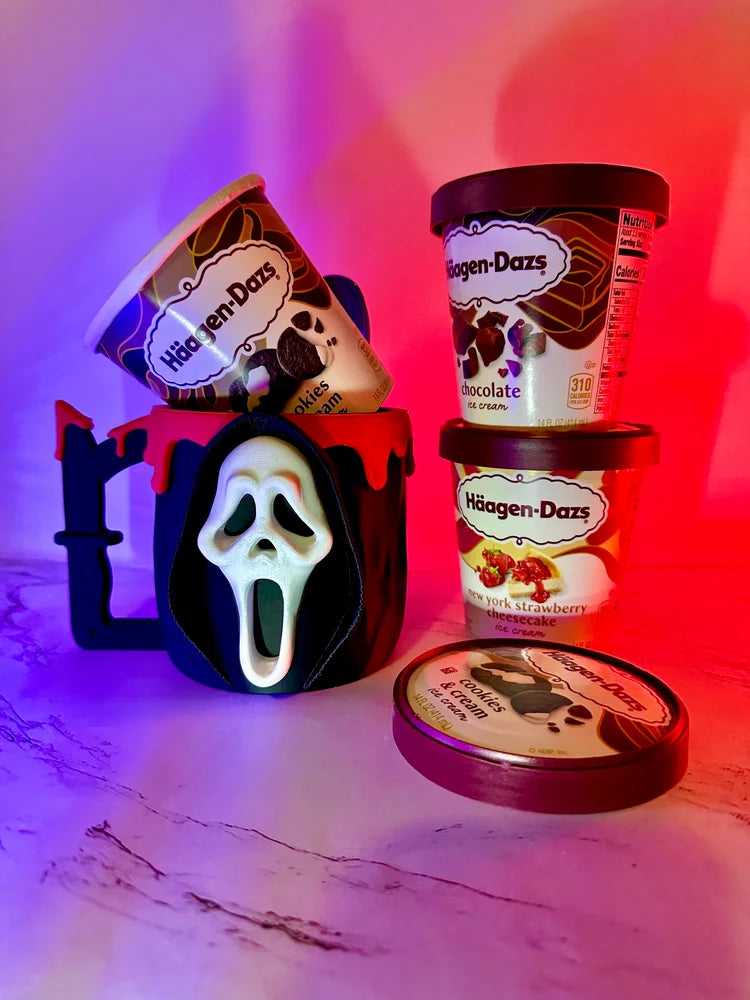 ghost face ice cream pint holder – 3d printed horror movie cozy | scream inspired dessert cup | halloween gift | left or right handle