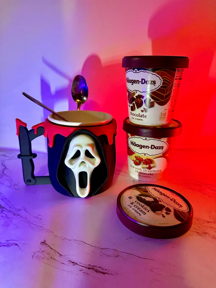 ghost face ice cream pint holder – 3d printed horror movie cozy | scream inspired dessert cup | halloween gift | left or right handle