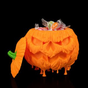 melted treatkeeper pumpkin candy bowl – creepy jack o’ lantern container | 3d printed halloween candy dish with lid