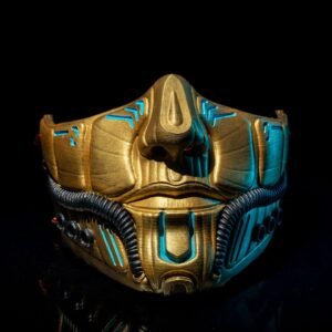 metropolis cyber mask – gold & blue futuristic costume mask | 3d printed sci fi cosplay face armor | halloween cyberpunk prop (3 sizes)