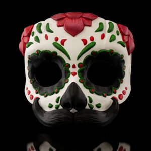 mustache calavera mask – day of the dead sugar skull mask | 3d printed halloween costume mask | red, green & black mexican skull design (3 sizes)