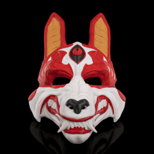 okami wolf mask – red & white japanese spirit mask | 3d printed fox demon mask | anime style cosplay prop | halloween costume mask (3 sizes)