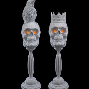 skull candle holders – 2 styles gothic halloween decor | crow skull or crown skull | 3d printed horror candle stand with led glow