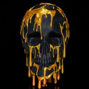 gold drip skull – gothic halloween skull decoration | 3d printed black skull with gold accents | spooky luxe home décor