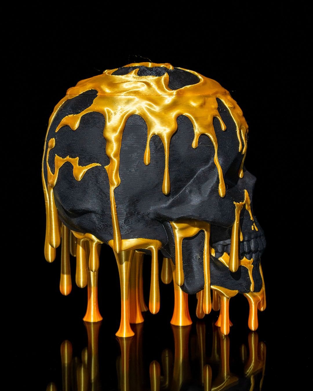 gold drip skull – gothic halloween skull decoration | 3d printed black skull with gold accents | spooky luxe home décor