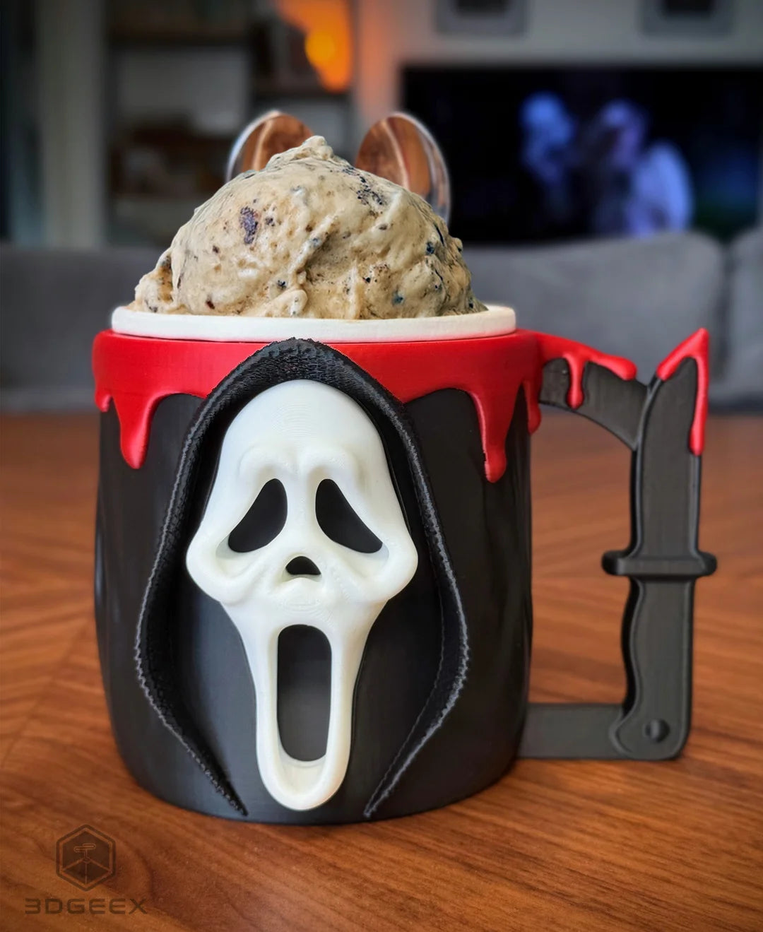 ghost face ice cream pint holder – 3d printed horror movie cozy | scream inspired dessert cup | halloween gift | left or right handle