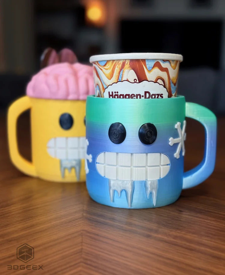 funny ice cream pint holder – 3d printed freezing face cozy | snowflake & icicle styles | left or right handle | quirky dessert gift