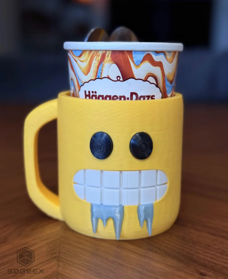 funny ice cream pint holder – 3d printed freezing face cozy | snowflake & icicle styles | left or right handle | quirky dessert gift