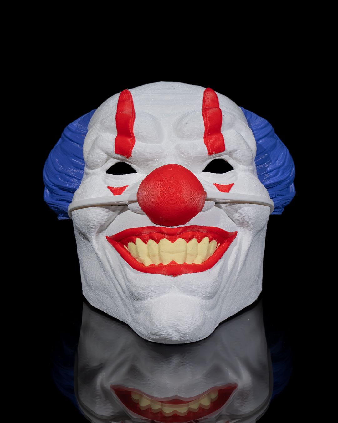 evil clown mask – creepy circus horror mask | 3d printed scary clown face | halloween costume prop | red, white & blue clown mask (3 sizes)