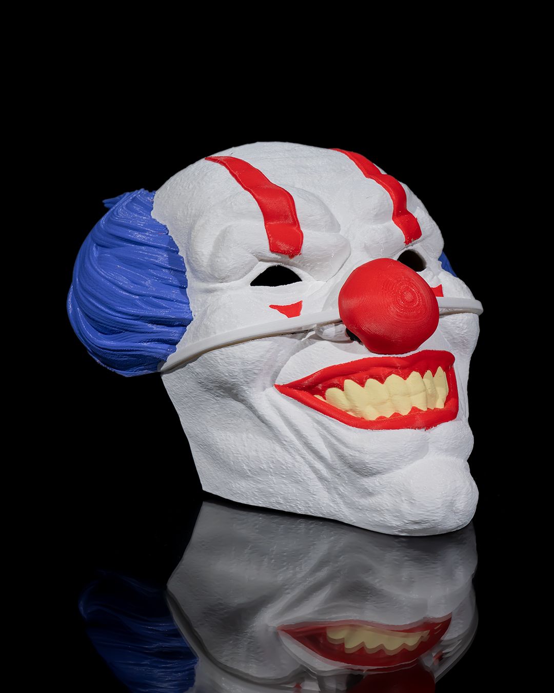 evil clown mask – creepy circus horror mask | 3d printed scary clown face | halloween costume prop | red, white & blue clown mask (3 sizes)