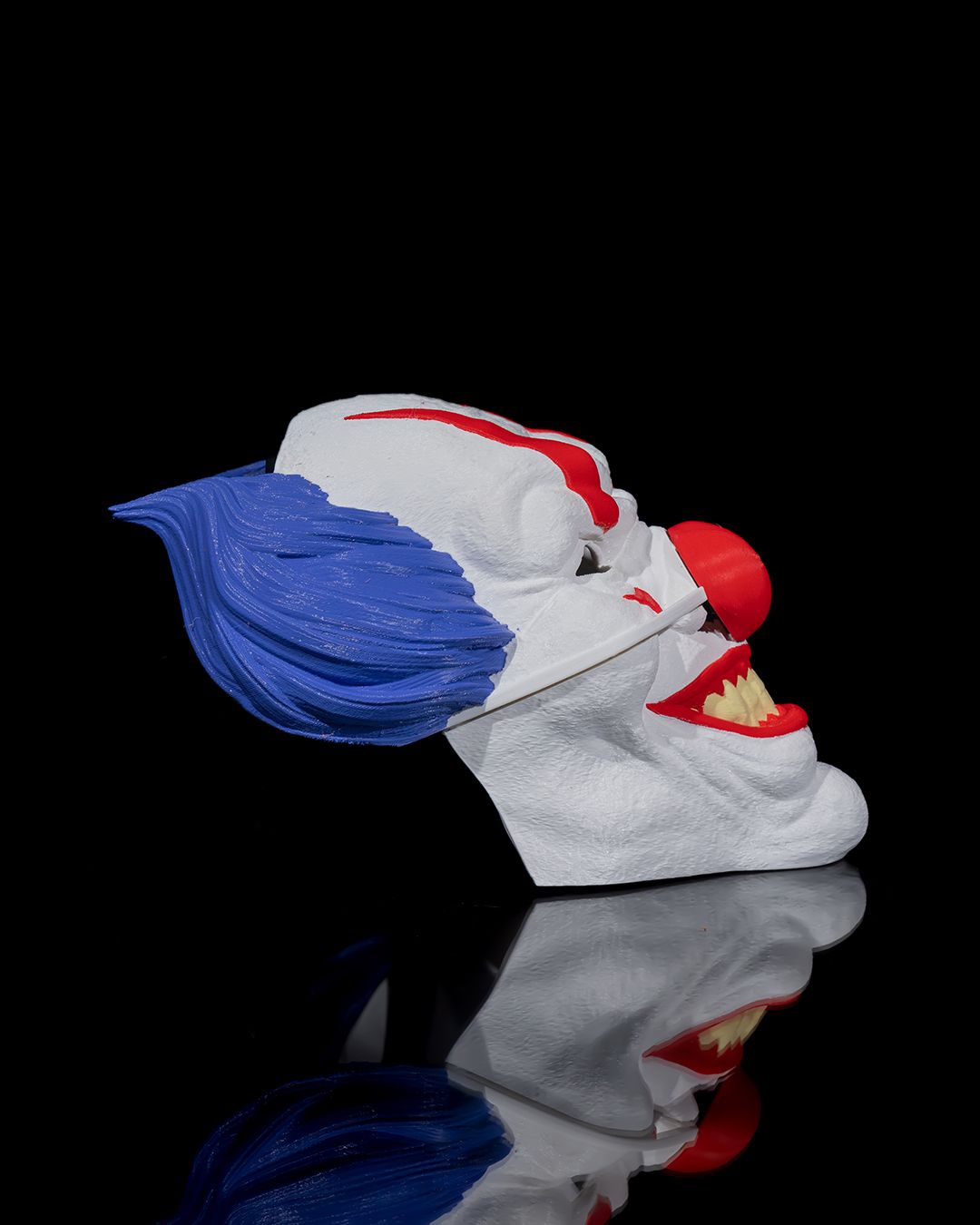 evil clown mask – creepy circus horror mask | 3d printed scary clown face | halloween costume prop | red, white & blue clown mask (3 sizes)