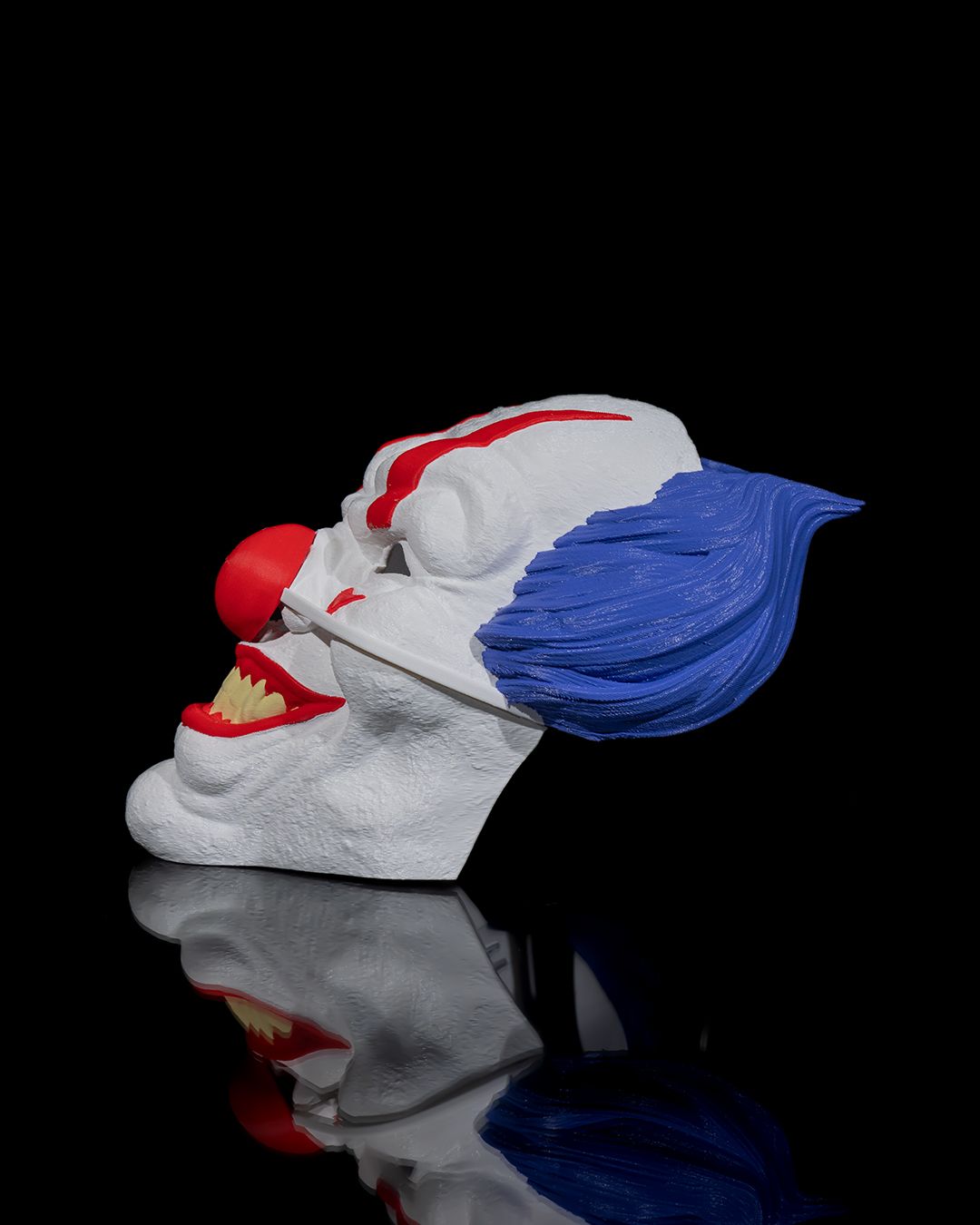 evil clown mask – creepy circus horror mask | 3d printed scary clown face | halloween costume prop | red, white & blue clown mask (3 sizes)