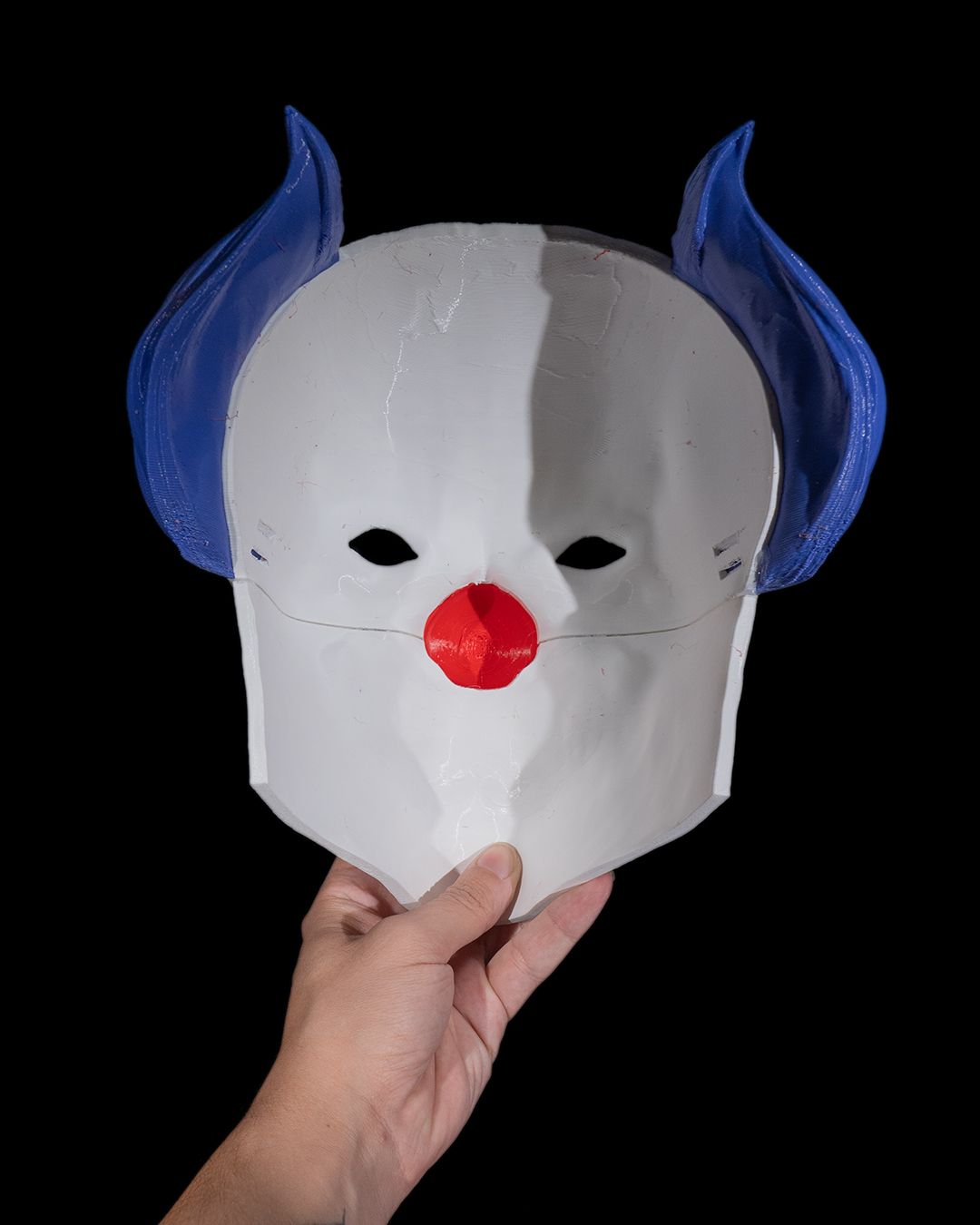 evil clown mask – creepy circus horror mask | 3d printed scary clown face | halloween costume prop | red, white & blue clown mask (3 sizes)
