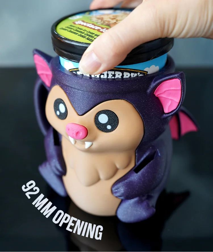 bat ice cream pint holder – 3d printed cozy with spoon slots & lid holder | optional snack drawer | left or right handle