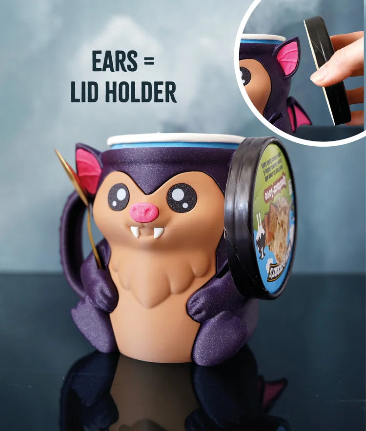 bat ice cream pint holder – 3d printed cozy with spoon slots & lid holder | optional snack drawer | left or right handle