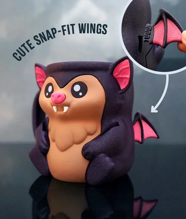 bat ice cream pint holder – 3d printed cozy with spoon slots & lid holder | optional snack drawer | left or right handle