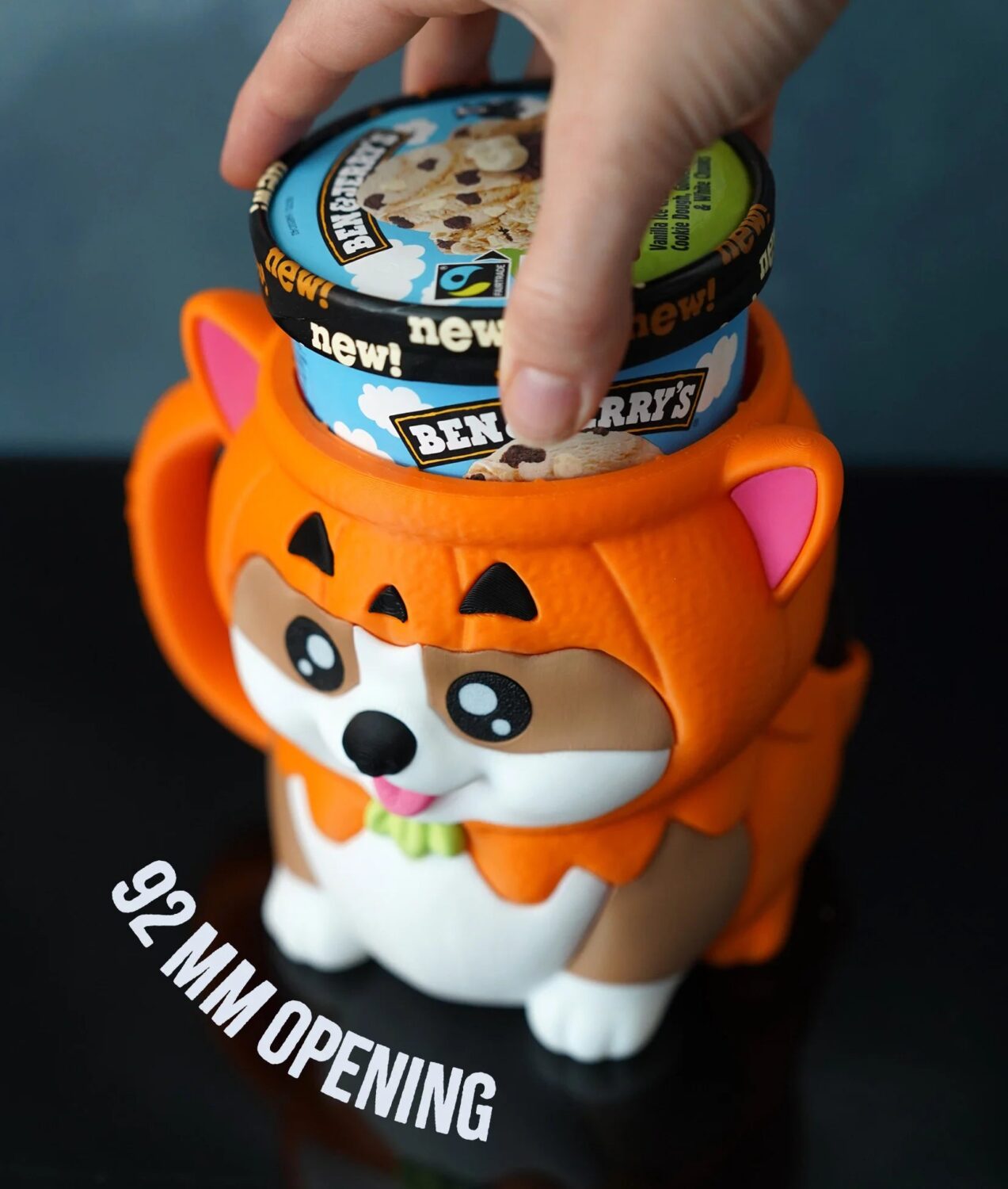 corgi ice cream pint holder – 3d printed cozy with spoon & snack slots | kevin the corgi | left or right handle