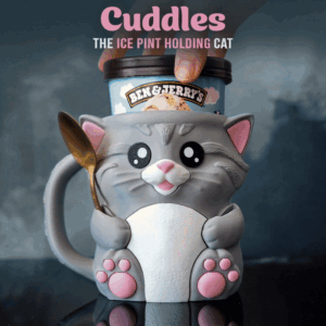 cat ice cream pint holder – 3d printed cozy with spoon slots & lid holder | optional snack drawer | left or right handle