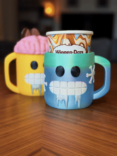 funny ice cream pint holder – 3d printed freezing face cozy | snowflake & icicle styles | left or right handle | quirky dessert gift