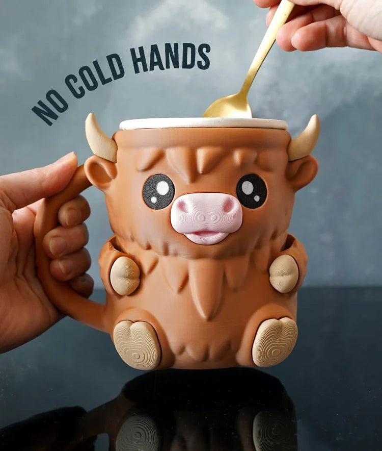 cow ice cream pint holder – 3d printed cozy with spoon slots | optional snack drawer | highland cow design | left or right handle