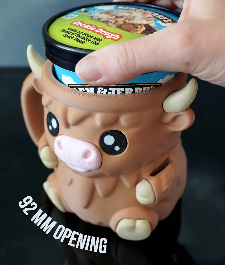 cow ice cream pint holder – 3d printed cozy with spoon slots | optional snack drawer | highland cow design | left or right handle