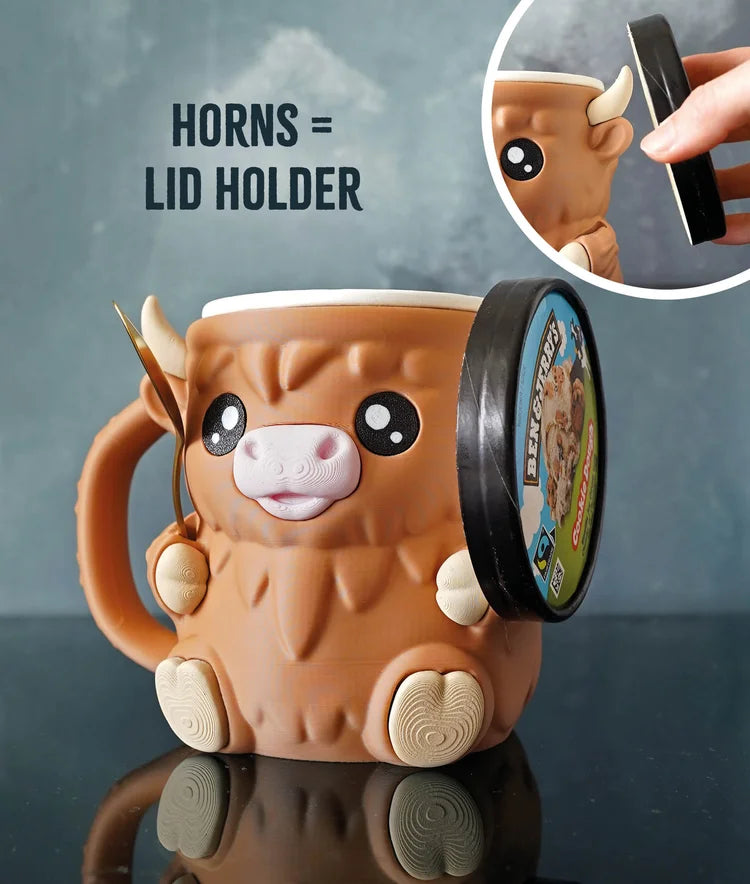 cow ice cream pint holder – 3d printed cozy with spoon slots | optional snack drawer | highland cow design | left or right handle