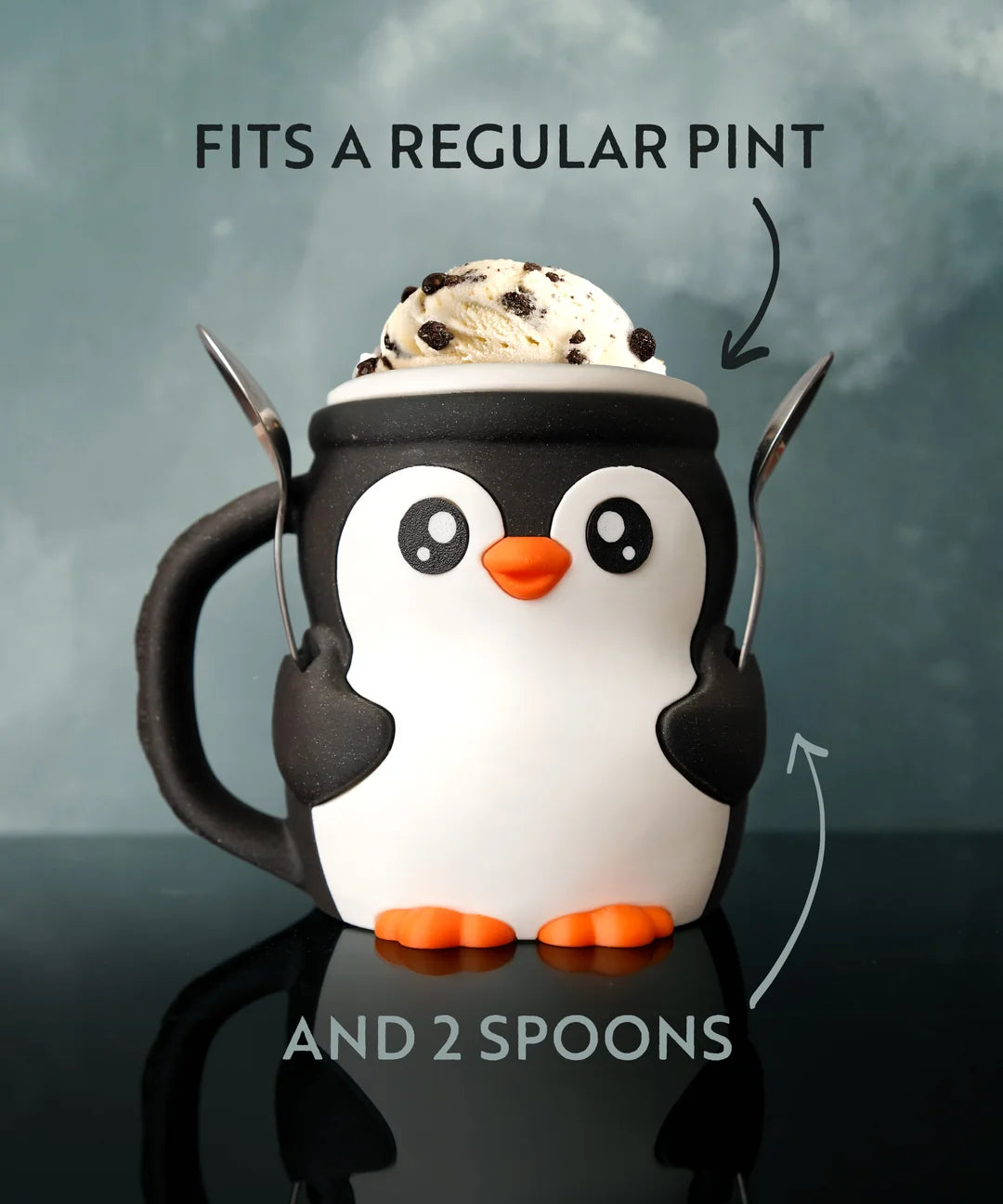 penguin ice cream pint holder – 3d printed cozy with spoon slots | optional snack drawer | pebbles the penguin | left or right handle