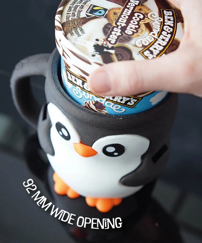 penguin ice cream pint holder – 3d printed cozy with spoon slots | optional snack drawer | pebbles the penguin | left or right handle